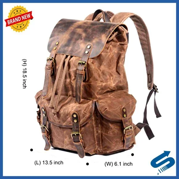 Leather Backpack Waxed Canvas Rucksack Travel Daypack Durable Heavy Duty